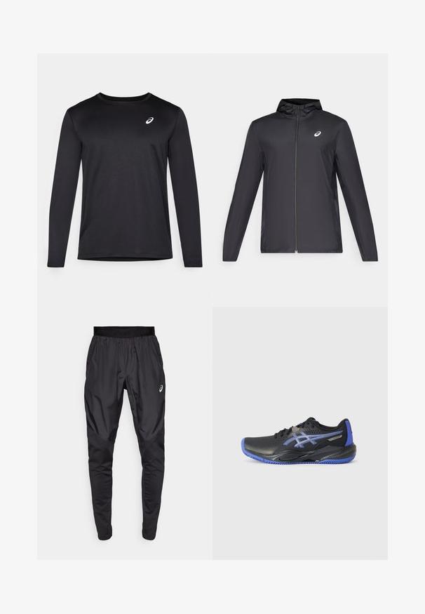 Giacca leggera nera con cappuccio, zip frontale, maniche lunghe e un piccolo logo sul petto. Tessuto liscio e resistente all'acqua.; Maglietta sportiva nera a maniche lunghe realizzata in tessuto testurizzato, con scollatura tonda e un piccolo logo sul petto.; Pantaloni sportivi neri con una cintura elastica, tasche laterali e pannelli di texture a contrasto sulle gambe. Logo Asics sull'anca.; Scarpa sportiva nera con accenti blu, dotata di tomaia perforata, suola testurizzata e dettagli del logo. Punta arrotondata e tacco imbottito.