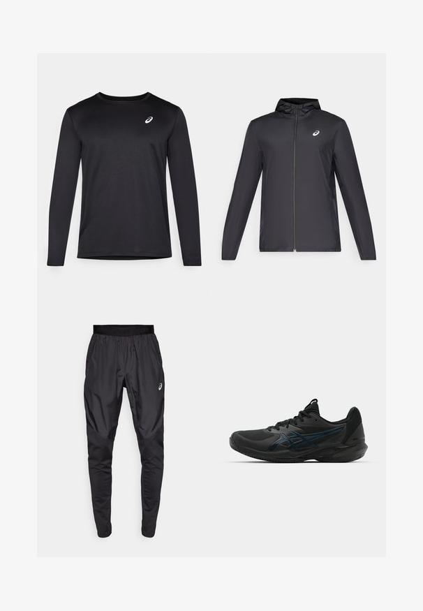 Melns viegls mētelis ar kapuci, priekšējais rāvējslēdzis, gari piedurknes un mazs logo uz krūtīm. Gluda, ūdensizturīga auduma.; Melnbalta garām piedurknēm sporta krekls, izgatavots no struktūrētas auduma, ar apaļu kakla izgriezumu un nelielu logo uz krūtīm.; Melni sporta bikses ar elastīgu jostasvietu, sānu kabatām un kontrastējošām tekstūras paneļiem uz kājām. Asics logo uz gūžas.; ASICS SOLUTION SPEED FF 3 CLAY - Māla virsmas laukuma tenisa apavi - black/prism blue