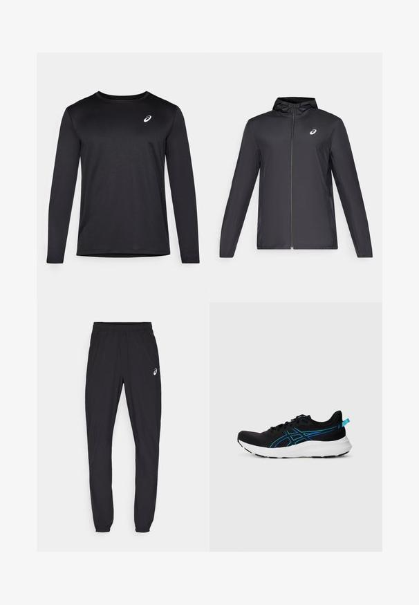 Veste légère noire avec capuche, fermeture éclair sur le devant, manches longues et petit logo sur la poitrine. Tissu lisse et résistant à l'eau.; Maillot de sport noir à manches longues en tissu texturé, doté d'un col rond et d'un petit logo sur la poitrine.; Pantalons de sport noirs avec une taille élastique et des poignets ajustés. Présente un accent de logo subtil sur la cuisse gauche. Tissu lisse et léger.; Chaussure de sport noire avec une tige en maille respirante, accents bleus, semelle blanche rembourrée et surface texturée pour une meilleure adhérence. Équipée de lacets et d'une languette au talon.