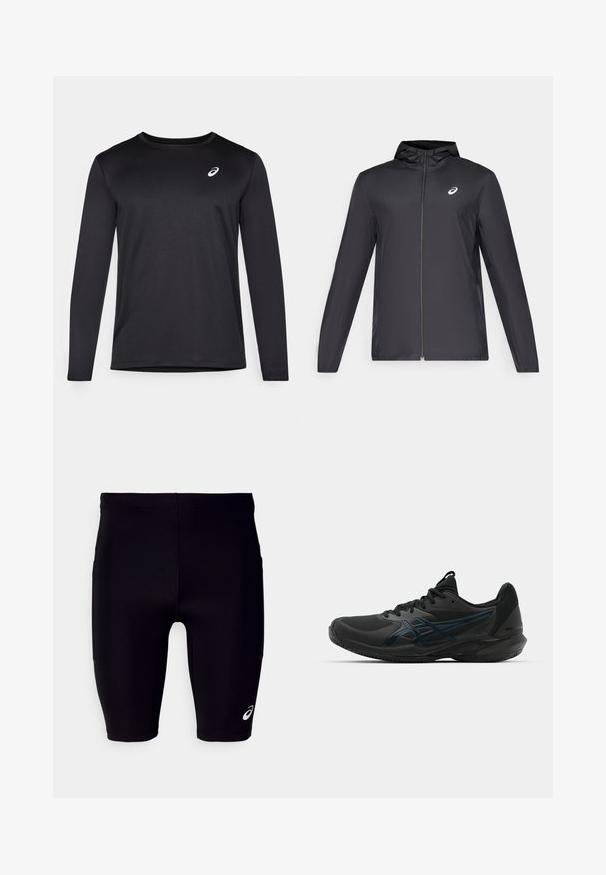 Schwarze, leichte Jacke mit Kapuze, Frontreißverschluss, langen Ärmeln und kleinem Logo auf der Brust. Glattes, wasserabweisendes Material.; Schwarzes Langarm-Sporthemd aus strukturiertem Stoff, mit einem runden Halsausschnitt und einem kleinen Logo auf der Brust.; Schwarze Sportshorts aus elastischem Material, mit eng anliegendem Schnitt, knielangem Design und einem kleinen weißen Logo an der unteren Seite.; ASICS SOLUTION SPEED FF 3 CLAY - Tennisschuh für Sandplätze - black/prism blue