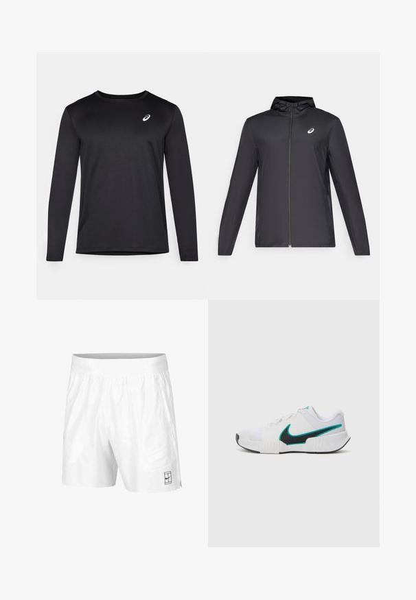 Schwarze, leichte Jacke mit Kapuze, Frontreißverschluss, langen Ärmeln und kleinem Logo auf der Brust. Glattes, wasserabweisendes Material.; Schwarzes Langarm-Sporthemd aus strukturiertem Stoff, mit einem runden Halsausschnitt und einem kleinen Logo auf der Brust.; Weiße Sportshorts aus leichtem Gewebe mit einem elastischen Bund, ausgestattet mit zwei Seitentaschen und einem kleinen schwarzen Logo am Saum.; Weißer Sportschuh mit strukturiertem Mesh-Obermaterial, schwarzer Gummisohle und türkisfarbenem Nike-Swoosh-Akzent. Verfügt über Schnürsenkel und gepolsterten Kragen.