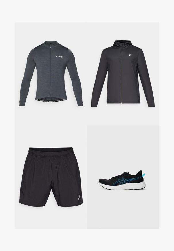 Crna lagana jakna s kapuljačom, prednjim patentnim zatvaračem, dugim rukavima i malim logom na prsima. Glatka, vodoodbojna tkanina.; Dugi rukav biciklistička majica od tamno sive tkanine, s prednjim patentnim zatvaračem i bijelim logotipom "LE COL" na prsima i rukavu. Elastičan, prilagođen dizajn.; Crne tajice za sport izrađene od laganog materijala, s elastičnom tregrom i malim logom na donjoj lijevoj strani.; Crne atletske cipele s prozračnom mrežastom gornjištu, plavim akcentima, mekanim bijelim potplatom i teksturiranom površinom za bolje prianjanje. Imaju vezice i petni uložak.