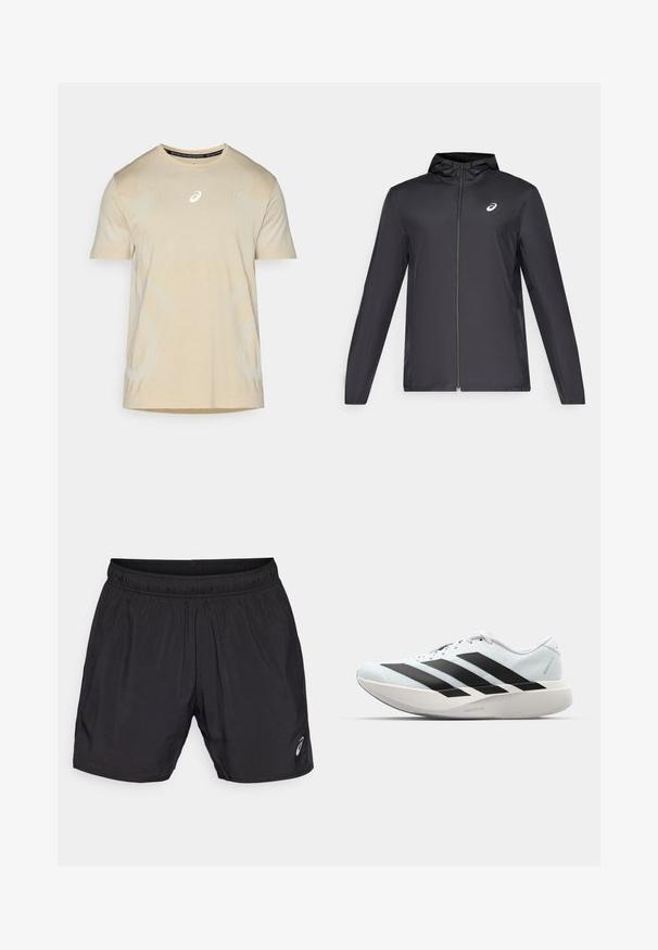 Svart lett jakke med hette, glidelås foran, lange ermer og en liten logo på brystet. Glatt, vannavstøtende stoff.; Lys beige kortermet treningsskjorte med refleksdetaljer og teksturert finish, med buede designlinjer og rund hals.; Sorte treningsshorts laget av lett materiale, med elastisk midje og en liten logo på nedre venstre side.; Lette løpesko i lys blå med svarte striper. Har en myk overdel, rund tå og tykk hvit mellomsole merket "LIGHTSTRIKE PRO."