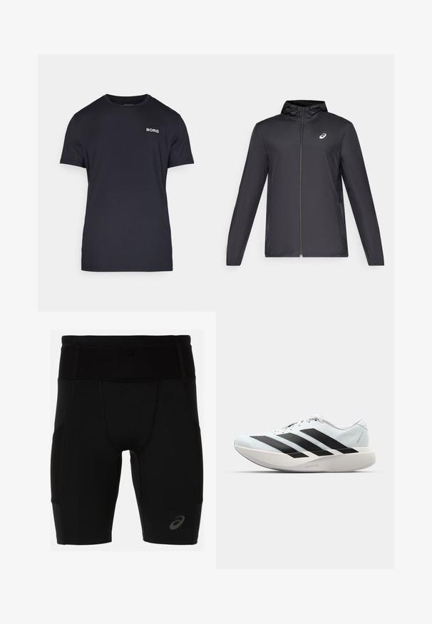 Svart lett jakke med hette, glidelås foran, lange ermer og en liten logo på brystet. Glatt, vannavstøtende stoff.; Svart T-skjorte laget av mykt stoff, med rund hals og korte ermer. "BORG" logo i hvitt på venstre brystområde.; Svartidrettsshorts med en tettsittende design, laget av glatt materiale. Har en høy midje og en liten logo på venstre legg.; Lette løpesko i lys blå med svarte striper. Har en myk overdel, rund tå og tykk hvit mellomsole merket "LIGHTSTRIKE PRO."