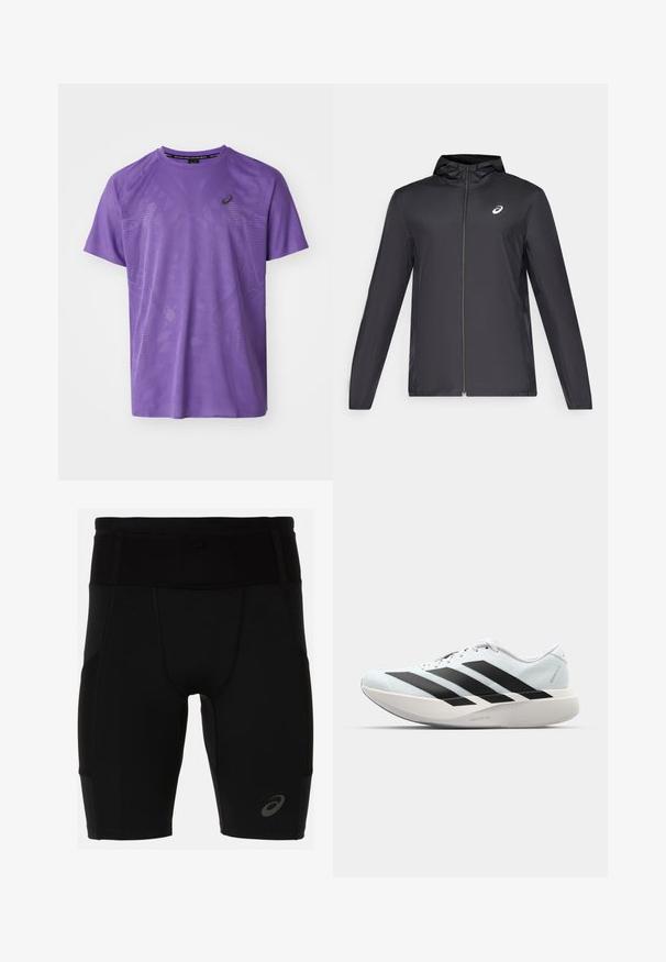 Musta kevyt takki hupulla, edessä vetoketju, pitkät hihat ja pieni logo rinnassa. sileä, vettä hylkivä kangas.; Violetti urheilupaita, jossa on hengittävää verkkomateriaalia, geometrisia kuvioita, lyhyet hihat ja pyöreä kaula-aukko, jossa on logotunnus.; Mustat urheilushortsit, joissa on tiukka muotoilu ja sileä materiaali. Varustettu korkealla vyötäröllä ja pienellä logolla vasemmassa alakulmassa.; Kevyt juoksukengät vaaleansinisinä mustilla raidoilla. Ominaisuuksiin kuuluu sileä pinta, pyöreä kärki ja paksu valkoinen välipohja, joka on merkitty "LIGHTSTRIKE PRO".