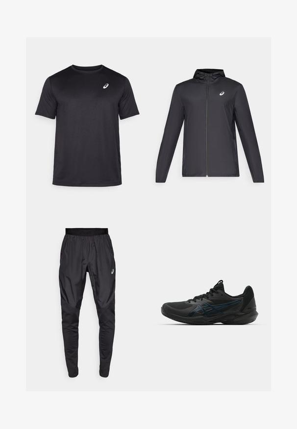 Veste légère noire avec capuche, fermeture éclair sur le devant, manches longues et petit logo sur la poitrine. Tissu lisse et résistant à l'eau.; T-shirt de sport noir à manches courtes en tissu respirant, doté d'un col rond et d'un petit logo blanc sur le haut à gauche de la poitrine.; Pantalons de sport noirs avec une taille élastique, des poches latérales et des panneaux de texture contrastée sur les jambes. Logo Asics sur la hanche.; ASICS SOLUTION SPEED FF 3 CLAY - Chaussures de tennis pour terre-battueerre battue - black/prism blue