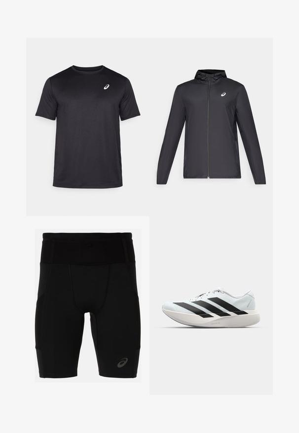 Black lightweight jacket with a hood, front zipper, long sleeves, and a small logo on the chest. Smooth, water-resistant fabric.; Black short-sleeve athletic t-shirt made of breathable fabric, featuring a round neckline and a small white logo on the upper left chest.; Black athletic shorts with a fitted design, made of smooth material. Features a high waistband and a small logo on the lower left leg.; Lightweight running shoes in pale blue with black stripes. Features a smooth upper, round toe, and thick white midsole labeled "LIGHTSTRIKE PRO."