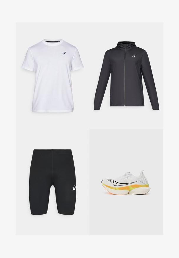 Črna lahka jakna s kapuco, sprednjim zadrgo, dolgimi rokavi in majhnim logotipom na prsih. Gladko, vodoodporno blago.; ASICS ROAD GRAPHIC TEE MEN - Potiskana majica - brilliant white; Črne atletske kratke hlače z gladko teksturo, prilegajočim dizajnom in belim logotipom na levi strani. Brez vidnih žepov ali kovinskih detajlov.; Bela tekaška čevlja z mrežasto zgornjim delom, črnimi detalji v obliki swoosh in barvnim, večplastnim podplatom z oranžnimi in rumenimi akcenti.