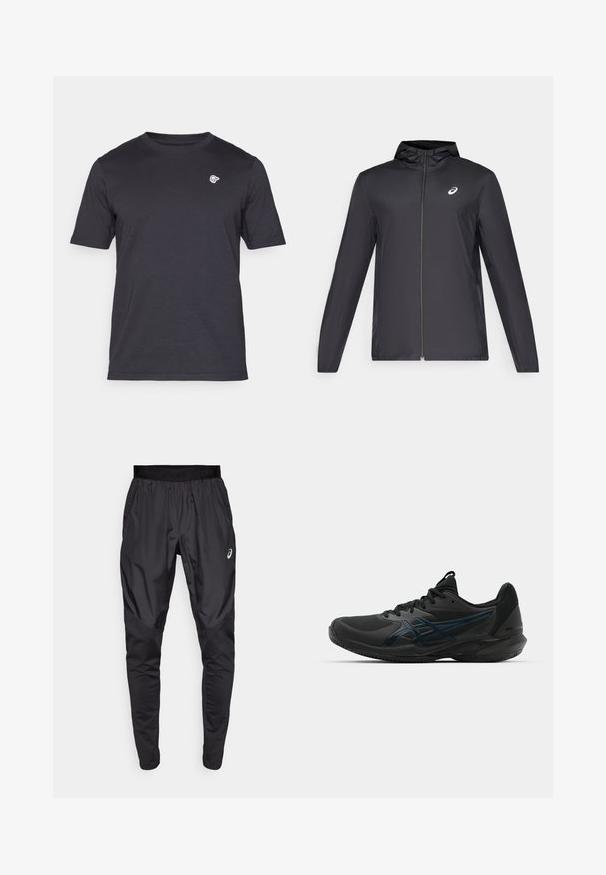 Svart lett jakke med hette, glidelås foran, lange ermer og en liten logo på brystet. Glatt, vannavstøtende stoff.; Kortermet t-skjorte med rund hals i mørkegrå, laget av myk bomull, med en liten hvit logo på venstre bryst. Enkelt design, uten mønstre.; Svarte treningsbukser med elastisk midjebånd, sidelommer og kontrasterende teksturpaneler på bena. Asics-logo på hoften.; ASICS SOLUTION SPEED FF 3 CLAY - Clay court tennissko - black/prism blue