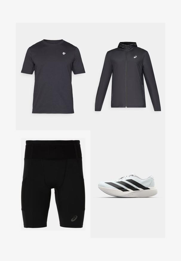 Black lightweight jacket with a hood, front zipper, long sleeves, and a small logo on the chest. Smooth, water-resistant fabric.; Short-sleeve, crew neck t-shirt in dark grey, made of soft cotton, featuring a small white logo on the left chest. Simple design, no patterns.; Black athletic shorts with a fitted design, made of smooth material. Features a high waistband and a small logo on the lower left leg.; Lightweight running shoes in pale blue with black stripes. Features a smooth upper, round toe, and thick white midsole labeled "LIGHTSTRIKE PRO."