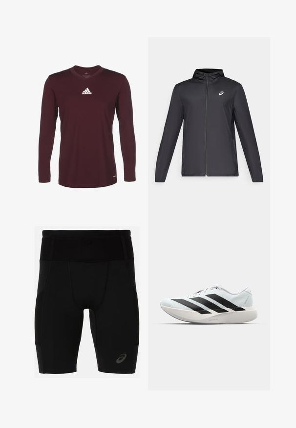 Sort letvægtsjakke med hætte, frontlynlås, lange ærmer og et lille logo på brystet. Glat, vandafvisende stof.; Bordeaux langærmet skjorte med V-hals design. Har Adidas-logoen i hvid på den øverste venstre bryst. Glat stoftekstur.; Sorte atletiske shorts med en tætsiddende design, lavet af glat materiale. Har en høj talje og et lille logo på den nederste venstre ben.; Letvægtige løbesko i lys blå med sorte striber. Har en glat overdel, rund tå og tyk hvid mellemsål mærket "LIGHTSTRIKE PRO."