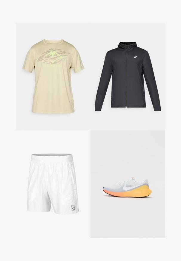 Mustmust mustgaasiga, millega on väike kapuuts, ees lukuga, pikad varrukad ja väike logo rinnal. Sile, veekindel kangas.; ASICS FUJITRAIL LOGO TOP - Spordi T-särk - khaki; Valged spordilühikesed püksid, mis on valmistatud kergest kangast, elastse vöökoha ja kahe küljetaskuga. Hemmi peal on väike must logo.; Hele sinine jooksujalanõud, millel on hingav võrgusilm. Omab valget swooshi, oranži ja kollast vaheosa ning musta tallaga, mis tagab haarduvuse.
