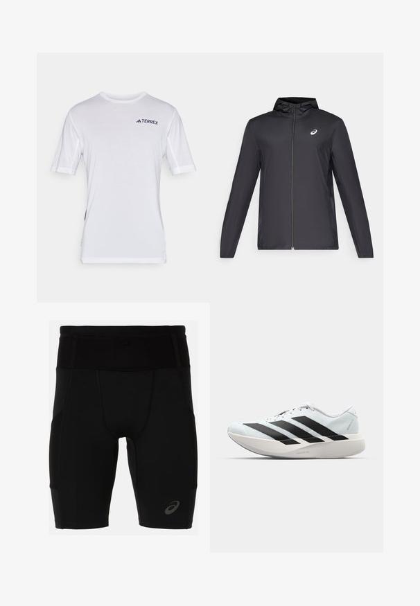 Svart lett jakke med hette, glidelås foran, lange ermer og en liten logo på brystet. Glatt, vannavstøtende stoff.; Hvit kortermet t-skjorte med nettingdetaljer nær skuldrene, med en "TERREX"-logo i mørk blå på brystet. Myk tekstur, vanlig passform.; Svartidrettsshorts med en tettsittende design, laget av glatt materiale. Har en høy midje og en liten logo på venstre legg.; Lette løpesko i lys blå med svarte striper. Har en myk overdel, rund tå og tykk hvit mellomsole merket "LIGHTSTRIKE PRO."