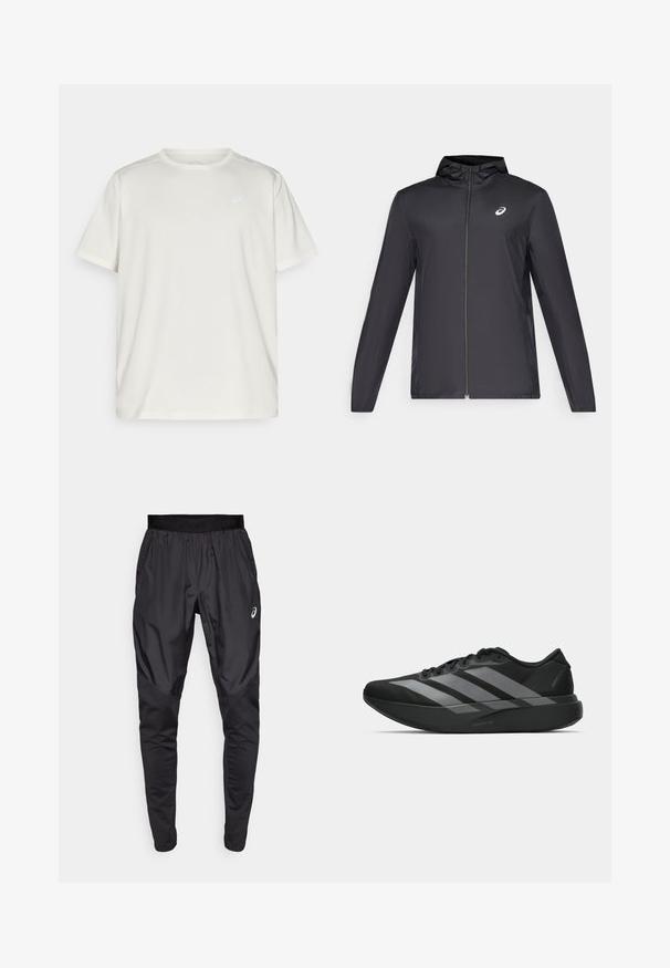 Svart lättviktsjacka med huva, framdragkedja, långa ärmar och en liten logotyp på bröstet. Slät, vattenavvisande tyg.; Ljusfärgad kortärmad t-shirt tillverkad av mjukt material, med rund halsringning och en liten logotyp på vänster bröstområde.; Svarta träningbyxor med elastisk midja, sidofickor och kontrasterande texturpaneler på benen. Asics-logga på höften.; Svarta träningsskor med en lätt design, som har tre framträdande grå ränder, en slät yta och en formad sula.