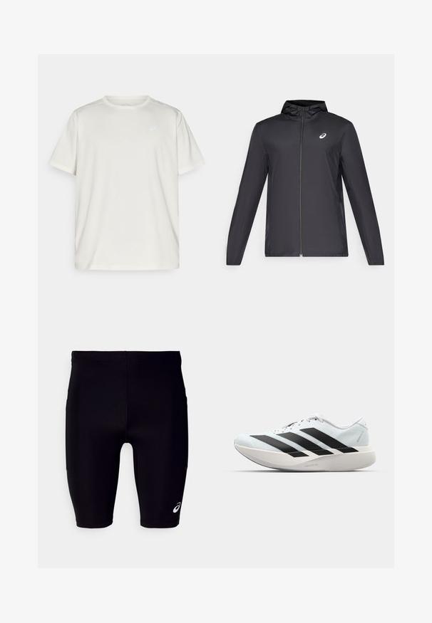 Čierna ľahká bunda s kapucňou, predným zipsom, dlhými rukávmi a malým logom na hrudi. Hladká, vodeodolná látka.; Svetlý krátky rukáv tričko vyrobené z mäkkého materiálu, s okrúhlym výstrihom a malým logom na ľavej strane hrude.; Čierne športové šortky vyrobené z elastického materiálu, s tesným strihom, dĺžkou po kolená a malým bielym logom na dolnej strane.; Ľahké bežecké topánky v svetlomodrej farbe s čiernymi pruhmi. Majú hladký zvršok, okrúle špičky a hrubú bielu medzipodrážku označenú "LIGHTSTRIKE PRO."