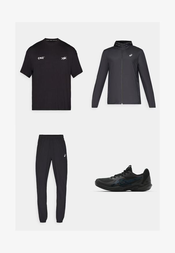 Musta kevyt takki hupulla, edessä vetoketju, pitkät hihat ja pieni logo rinnassa. sileä, vettä hylkivä kangas.; Lyhythihainen musta t-paita, joka on valmistettu puuvillasta. Edessä valkoista tekstiä "CNZ" ja tyylitelty logo. Yksinkertainen pyöreä kaula-aukko.; Mustat urheiluhousut, joissa on joustava vyötärö ja tiukat hihnat. Vasemmassa reidessä on hienovarainen logojulistus. Sileä, kevyt kangas.; ASICS SOLUTION SPEED FF 3 CLAY - Massakentän kengät - black/prism blue