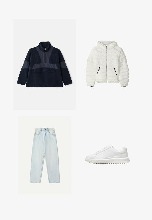 Witte pufferjack met een capuchon, voorzien van horizontaal gestikte secties, zwarte rits en twee zijzakken met rits. Accent manchetten aan de zoom.; Marine fleece pullover met een hoge kraag, halve rits en contrasterende gladde stofpanelen. Zachte textuur en relaxte pasvorm verhogen het comfort.; Lichtblauwe denim jeans met een relaxte pasvorm, recht model, vijf zakken en subtiele vervaging in de stof.; Witte sneaker met een glad synthetisch bovenwerk, ronde neus, platte veters, gestructureerde zool en een gelaagd, platformontwerp voor extra hoogte.