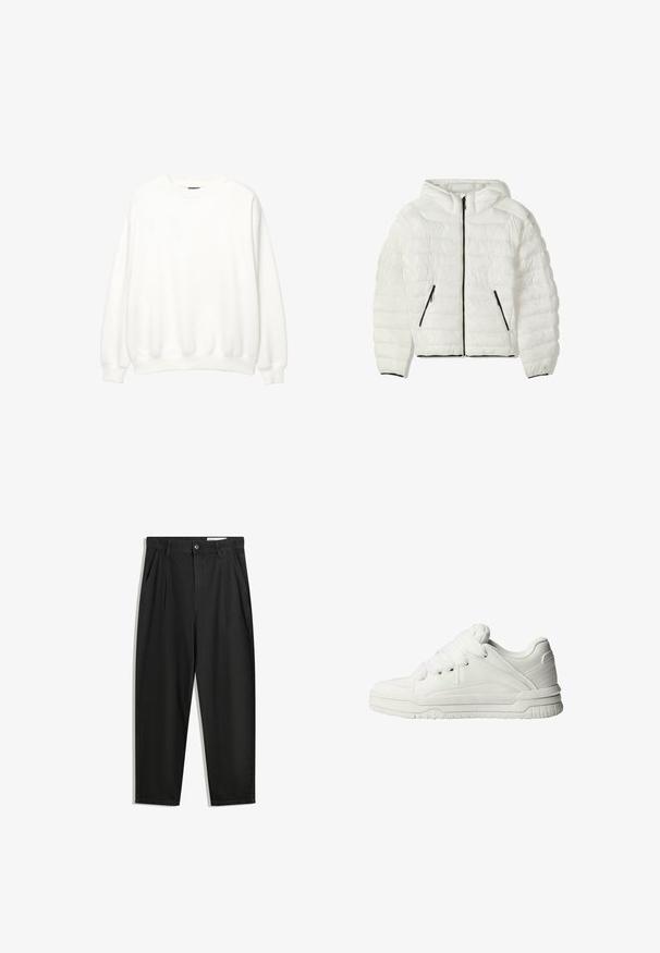 Giacca ammortizzata bianca con cappuccio, caratterizzata da sezioni trapuntate orizzontali, zip nera e due tasche laterali con zip. Polsini a contrasto all'orlo.; Sweatshirt bianco, collo a giro, maniche lunghe, vestibilità rilassata. Tessuto morbido con polsini e orlo a costine. Design minimalista, senza loghi o motivi visibili.; Pantaloni in cotone neri con una vestibilità rilassata, dotati di una vita classica, pieghe frontali e tasche laterali. Tessuto liscio senza fantasie.; Sneaker bianche con un esterno in pelle liscia, linguetta imbottita, lacci piatti e accenti testurizzati sui lati e sul tallone.