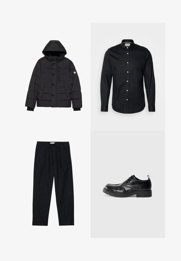 Juodas pūkinis švarkas su nuimamu gobtuvu, mygtukų ir užtrauktuko uždarymu, siuvinėtu paviršiumi, šoninėmis ir krūtinės kišenėmis bei logotipu ant rankovės.; Juodas ilgomis rankovėmis marškinis pagamintas iš medvilnės, su sagos tipo apykakle, priekyje užsegamas mygtukais, ir mažas siuvinėtą logotipą krūtinėje.; Pier One Chino stiliaus kelnės - black; Juodų odinių batų su suapvalintu nosiu, su raišteliais priekyje ir dekoratyvine siūle. Juose yra storas, tekstūruotas guminis padas ir pakeliamoji juostelė.