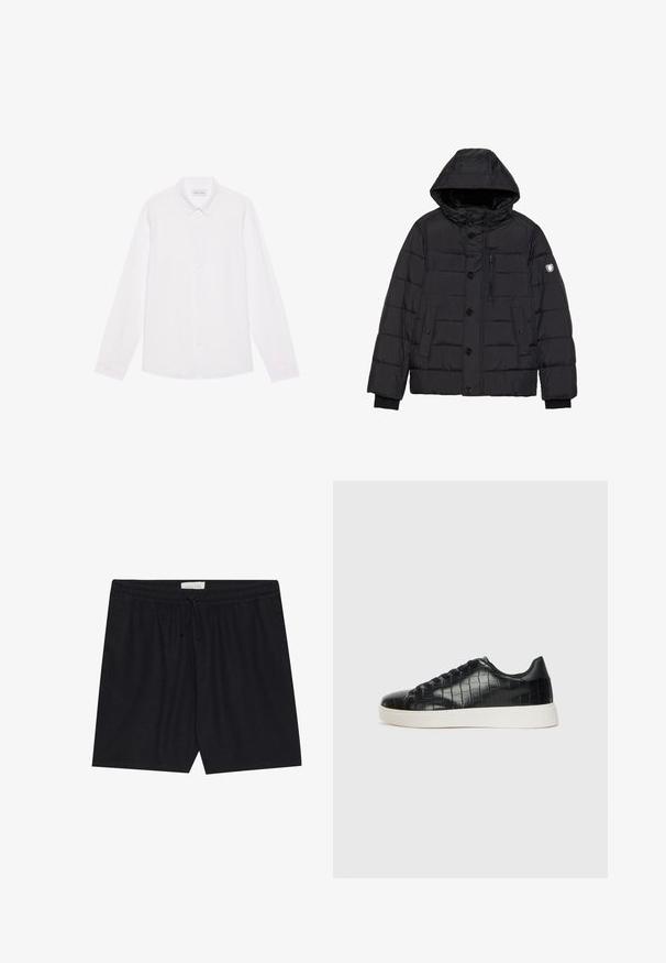 Crna puf jakna s odvojivom kapuljačom, dugmadi i zatvaračem, kviltanom teksturom, bočnim i prsnim džepovima, te logotipom na rukavu.; Bijela košulja dugih rukava s gumbima, izrađena od pamuka. Ima klasičan ovratnik, prednje gumbe i glatku teksturu bez vidljivih uzoraka.; Crne kratke hlače s elastičnim pojasom i vezicom, s glatkom teksturom i ravnim krojem, pogodne za svakodnevno nošenje.; Crne tenisice s teksturiranom gornjom površinom od kože s uzorkom krokodila, zaobljenim vrhom i kontrastnom bijelom gumenom potplatom s glatkom završnom obradom.
