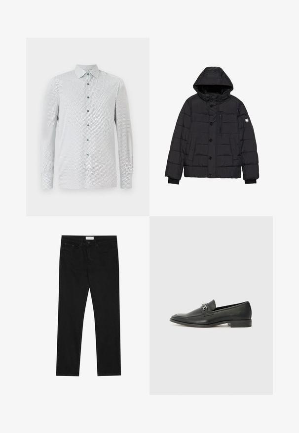 Must musta jope eemaldatava kapuutsiga, nupud ja tõmblukk, tikandtekstuur, külg- ja rinna-taskud ning logo varrukal.; Valge pikkade varrukatega särk, millel on väike must geomeetriline muster, rohelised nupud ja terav krae. Tavaline lõige, nupuga mansetid.; Mustad mustad jalad, viie taskuga disain, nööbiga ja lukuga kinnine, ning Pier One brändi silt vööl.; Must haveate nahkking punased, millel on sile viimistlus, tikitud muster ja dekoratiivne metallkett vampi üle. Tasane konts.