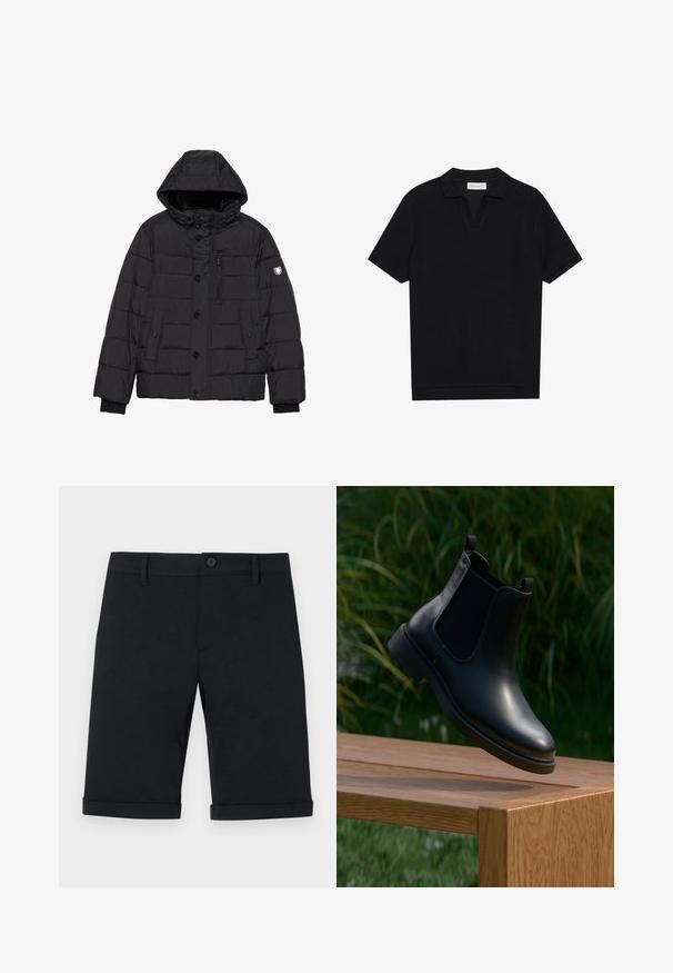 Black puffer jacket with a detachable hood, button and zipper closures, quilted texture, side and chest pockets, and logo on the sleeve.; Black short-sleeve polo shirt with a textured, ribbed fabric, featuring a v-neckline and a straight hem. No visible logos or patterns.; Black cotton shorts with a button closure, featuring a flat front, rolled cuffs, and back pockets. Smooth texture and tailored fit.; Black leather ankle boot with elastic side panels floating above a wooden bench, green foliage background.