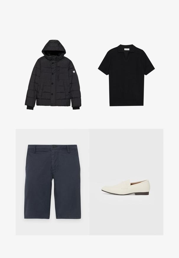 Svart pufferjakke med avtakbar hette, knappe- og glidelås-lukking, quiltet tekstur, sidelommer og brystlommer, samt logo på ermet.; Svart kortermet polo skjorte med strukturert, ribbet stoff, med v-hals og rett nederkant. Ingen synlige logoer eller mønstre.; Mørkeblå shorts laget av teksturert stoff, med frontknapplukking, belteforinger og standard sidelommer.; Lyse beige loafers med spiss tå, glatt materiale, en stropp over vampsen, og en lav brun såle. Enkel design med minimale detaljer.