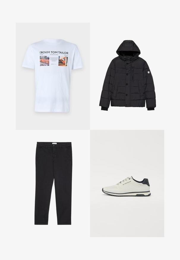 Juodas pūkinis švarkas su nuimamu gobtuvu, mygtukų ir užtrauktuko uždarymu, siuvinėtu paviršiumi, šoninėmis ir krūtinės kišenėmis bei logotipu ant rankovės.; Balta medvilnė marškinėliai su trimis grafika atspaudais, juodu tekstu ir „Denim Tom Tailor“ logotipais. Trumpomis rankovėmis ir apvaliu kaklu.; Juodos medvilnės kelnės su siauru pjūviu, turinčios dvi šonines kišenes ir priekinį mygtuko užsegimą. Audinys tekstūruotas su subtiliomis detalėmis.; Šviesiai pilkos sportinės bateliai su perforuotu dizainu, juodomis detalėmis, tekstūruotu padu ir batų raištelių sistema. Logotipas matomas šone.