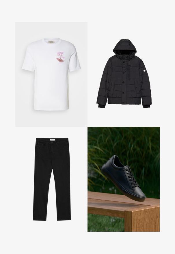 Geacă puffer neagră cu glugă detașabilă, închidere cu butoane și fermoar, textură matlasată, buzunare laterale și pe piept, și logo pe mânecă.; Tricou alb din bumbac, cu un grafic floral roz și un design cu text pe pieptul stâng. Mâneci scurte și un gât clasic de tip crew neck.; Jeans negri cu croială drept, cu cinci buzunare, închidere cu nasture și fermoar, și etichetă de marcă Pier One pe talie.; Sneaker din piele neagră cu o textură netedă, vârf rotund și șireturi plate, așezat deasupra unei suprafețe de lemn, cu iarbă verde în fundal.