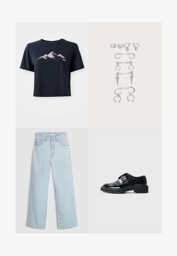 Red fleece jacket with a textured surface, high collar, zip closure, and two front pockets. Features contrasting shoulder panels.; Navy blue cropped t-shirt made of smooth fabric, featuring a light pink mountain graphic and a small orange logo on the lower left.; Light blue, wide-leg denim jeans with a high waist, featuring a button and zipper closure, double front pockets, and subtle stitching details.; Black shiny leather loafer with a silver buckle strap and thick rubber sole with tread, shown in profile on a white background.; Set of silver earrings featuring various designs: hoops, studs, and dangling styles, with ball accents and pointed elements.