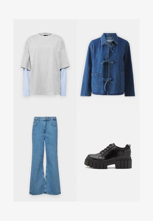 Tumši zila džinsu jaka ar brīvu siluetu, kurai ir izplesta apkakle, saites aizdare un divas priekšējās kabatas.; Pelēks, liels T-krekls īsām piedurknēm, ar slāņotu dizainu, zem kura ir garas zilas un baltas svītrainas piedurknes.; Gaiši zili, platā piegriezuma džinsi, kas izgatavoti no denima, ar augstu jostasvietu, piecām kabatām un vienu pogu. Mīksta tekstūra ar nolietotu apdari.; Melnas ādas platformas kurpes ar masīvu bloku papēdi, apaļu purngalu un tradicionālu saistīšanas dizainu. Izceļas ar gludu tekstūru un minimālu apdari.