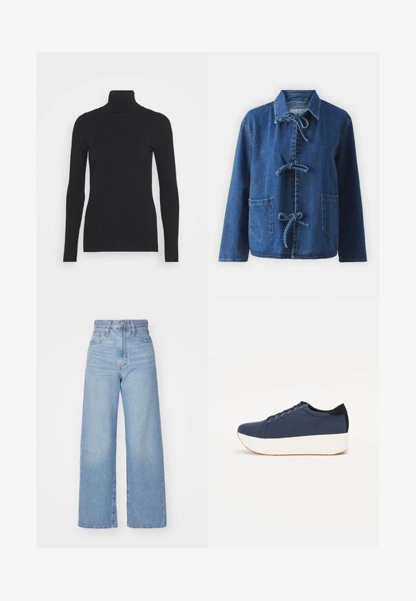 Dunkelblaue Jeansjacke mit lässiger Passform, ausgestattet mit einem Umlegekragen, Knotenverschlüssen und zwei aufgesetzten Vordertaschen.; Schwarzer gerippter Rollkragenpullover, der lange Ärmel und eine figurbetonte Silhouette bietet. Die Textur ist glatt mit einem horizontalen Rippenmuster.; Hellblaue High-Waist-Weite-Leg-Jeans mit Knopf- und Reißverschluss vorne, Vorder- und Rückentaschen, auf weißem Hintergrund.; Dunkelblaue Sneaker mit einem strukturierten Obermaterial, weißer Plattformsohle, runder Zehenpartie und schwarzem Fersenakzent. Verfügt über sechs Ösen für die Schnürsenkel.