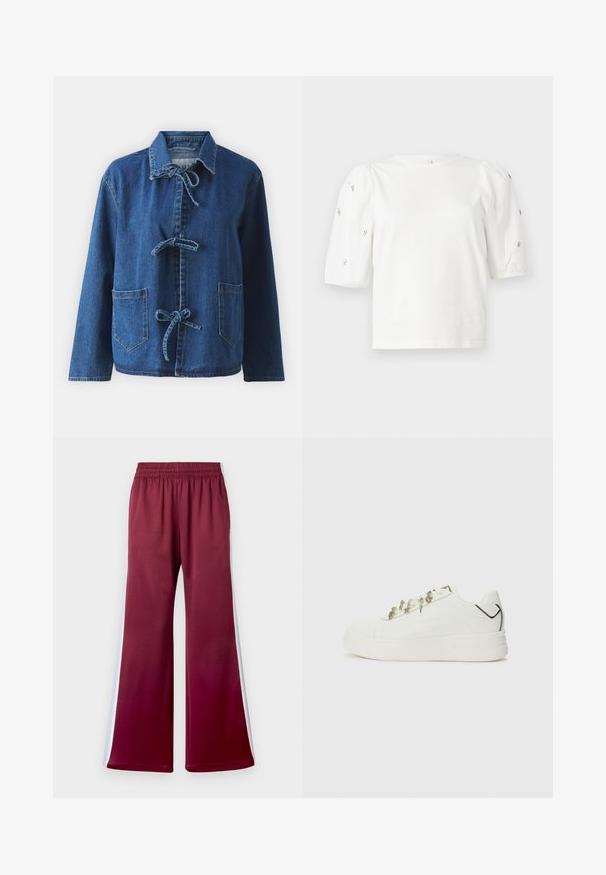Džínová bunda v tmavě modré barvě s volným střihem, vybavená rozhaleným límcem, uzávěrem na šňůrky a dvěma předními náprsními kapsami.; Bílý bavlněný tričko s krátkými nabíranými rukávy, zdobené malými stříbrnými detaily podél rukávů. Klasický kulatý výstřih, volný střih.; Maroon kalhoty s volným střihem a elastickým pasem, s bílými bočními pruhy a hladkým textilním povrchem. Široké nohavice.; Replay UNIVERSITY LUCKY - Tenisky - white