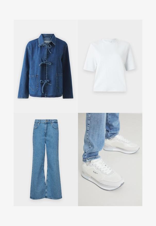 Denim jakna u tamnoplavoj boji s opuštenim krojem, koja ima rašireni ovratnik, vezivanje na vrpci i dva prednja džepa.; Svijetloplava majica kratkih rukava od mekog pamuka. Ima klasičan okrugli izrez i opušteni kroj, bez uzoraka ili dodataka.; Svijetloplave traperice s flared nogavicama, visokog struka, s pet džepova i jednim dugmetom za zatvaranje. Mekani materijal s izblijedjelim izgledom.; Bijele atletske tenisice s teksturiranom, glatkom površinom, sa vezicama i sivim gumenim potplatom. Uparene s laganim, suženim plavim trapericama.