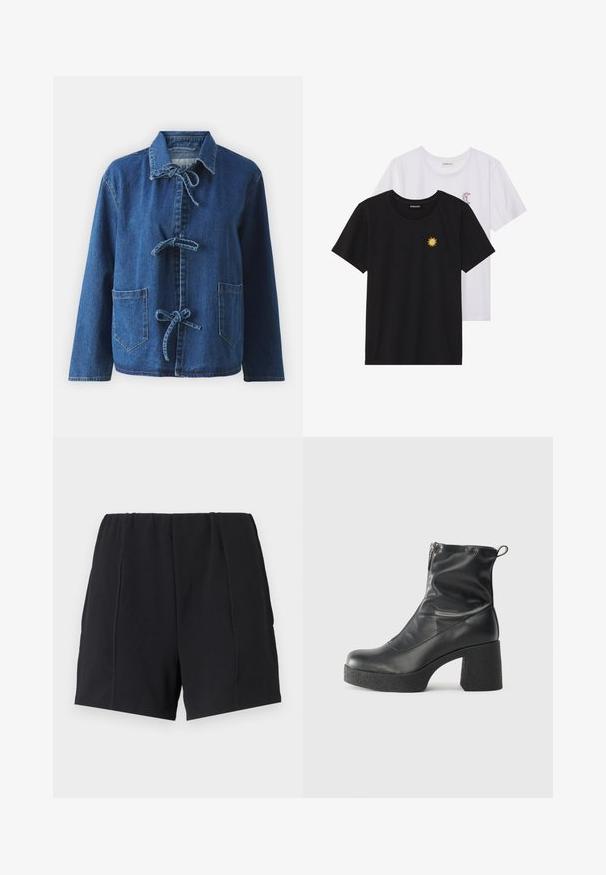 Tamsiai mėlyna džinsinė striukė su laisvu siluetu, turinti plačią apykaklę, užsegimą su raišteliais ir dvi priekinės kišenes.; Juodi ir balti marškinėliai, apvaliu kaklu, trumpomis rankovėmis. Juodi marškiniai su geltonu saulės siuvinėjimu; baltieji turi purpurinę pusmėnulio akcentą.; Juodos sportinės šortai su elastine juostele, su plokščiais siūlais, laisvu siluetu ir sklandžia tekstūra. Be kišenių ir papuošimų.; Juodos kulkšninių botai, pagaminti iš lygaus odos, su šoniniu užtrauktuku, masyviu tekstūruotu kulnu ir apvaliu pirštu.