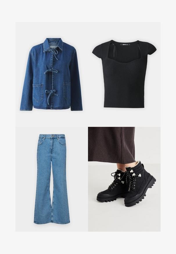 Tummansininen denim-takki rentoa istuvuutta, jossa on levitetty kaulus, solmimisnauhat ja kaksi etupanelia taskua.; Musta ribbed neulepaita lyhyillä hihoilla, nelikulmaisella kaula-aukolla ja tekstuurilla somistettu yläosa. Tunniste näkyvissä kauluksessa.; Vaaleansiniset leveälahkeiset farkut, joissa on korkea vyötärö, viisi taskua ja yksi napin sulkeminen. Pehmeä pinta, jossa on haalistunut viimeistely.; Mustat nilkkurit, joissa on teksturoitu mokkanahka yläosa, tukeva kumipohja, metalliset silmukat ja eriväriset nauhat turvallista kiinnitystä varten. Hyllyvistin näkyvissä.