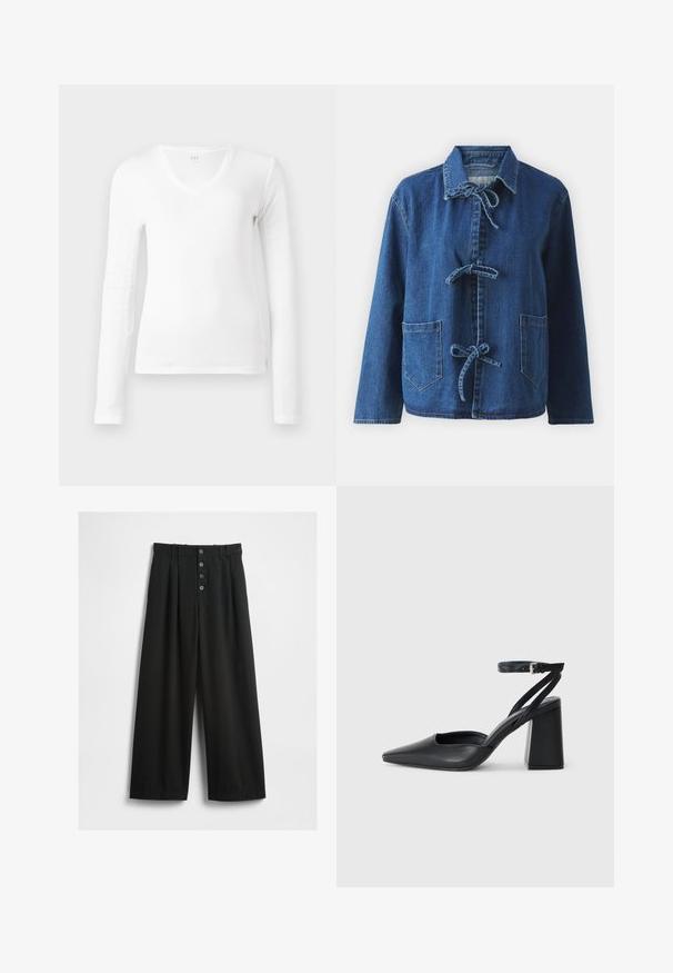 Džínová bunda v tmavomodrej farbe s voľným strihom, so širokým golierom, zaväzovaním a dvoma prednými náprsníkovými vreckami.; Jednoduchá biela košeľa s dlhými rukávmi a výstrihom do V, slim fit, vystavená naplocho na bielom pozadí.; Široké čierne nohavice vyrobené z textúrovaného materiálu. Majú vysoký pás, predné zapínanie na päť gombíkov a prešla skladané, ktoré pridávajú na detailoch.; Čierne kožené lodičky s špicatou špičkou a členkovým remienkom, s masívnym podpätkom. Hladký povrch, elegantný dizajn a minimalistická estetika.