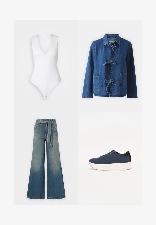 Tamsiai mėlyna džinsinė striukė su laisvu siluetu, turinti plačią apykaklę, užsegimą su raišteliais ir dvi priekinės kišenes.; Good American SCUBA DEEP V TANK BODYSUIT - Viršus - withe; Platus džinsinis kelnes su šviesiai tamsiai mėlynu gradientu, aukštu juosmeniu, diržo kilpomis ir atitinkančiu audinio diržu. Textūruotas džinsinis paviršius.; Tamsiai mėlynas sportinis batelis su tekstūruotu audiniu viršuje, baltu platformos padu, apvaliu pirštu ir juodu kulno akcentu.š. Yra šešios skylės raišteliams.