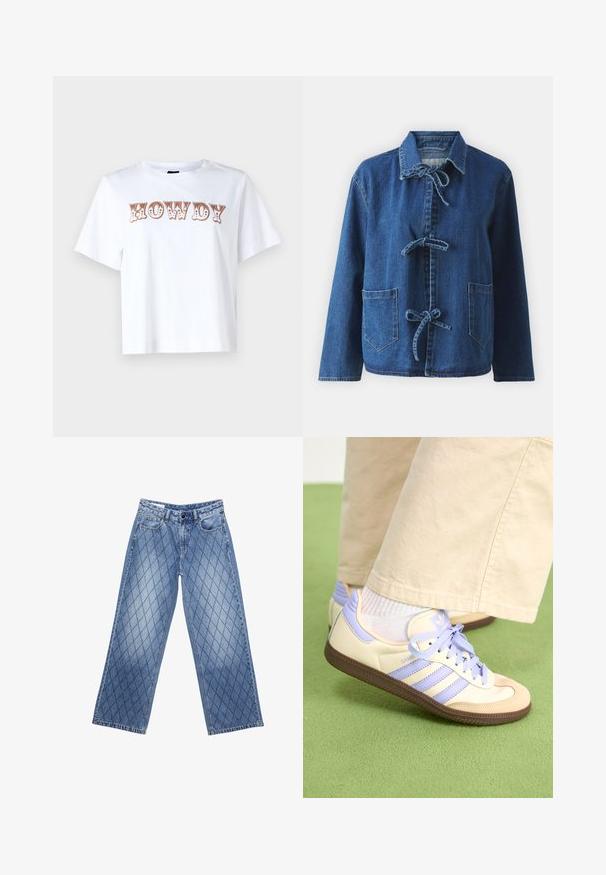 Džínová bunda v tmavě modré barvě s volným střihem, vybavená rozhaleným límcem, uzávěrem na šňůrky a dvěma předními náprsními kapsami.; Bílý bavlněný tričko s krátkým rukávem a kulatým výstřihem, na přední straně s stylizovaným hnědým nápisem "HOWDY".; Džíny s širokými nohavicemi v světle modré barvě s prošívaným diamantovým vzorem, s pěti kapsami a zapínáním na knoflík v pase.; Krémové a levandulové tenisky se třemi pruhy a texturovanou hnědou podrážkou, vybavené tkaničkami a polstrovanou patou. Měkký textilní svršek.