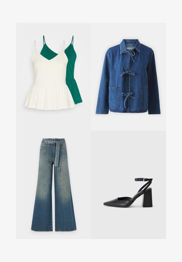 Denim jacket in dark blue with a relaxed fit, featuring a spread collar, tie closures, and two front patch pockets.; Two camisole tops in green and white. The white top has a v-neck and a peplum hem, while the green top features a straight cut. Both are sleeveless.; Wide-leg denim trousers featuring a light to dark blue gradient, high waist, belt loops, and a matching fabric belt. Textured denim finish.; Black leather pointy-toe pump with an ankle strap and a chunky heel. Flat texture, sleek design, and minimalistic aesthetics.