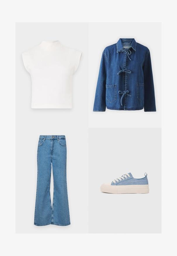 Denim jacket in dark blue with a relaxed fit, featuring a spread collar, tie closures, and two front patch pockets.; White cropped top with a high mock neckline and wide, angular sleeves. Made from smooth fabric, featuring no visible patterns or embellishments.; Light blue flared jeans made of denim, featuring a high waist, five pockets, and a single button closure. Soft texture with faded finish.; Light blue canvas sneakers with a cream rubber toe cap and outsole, featuring white laces and a pull tab on the heel.