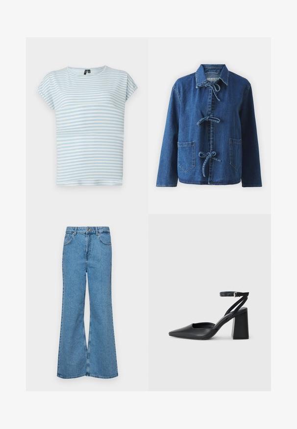 Denim jacket in dark blue with a relaxed fit, featuring a spread collar, tie closures, and two front patch pockets.; Light blue striped t-shirt made of soft cotton. Features short sleeves and a round neckline. Horizontal stripes in varying widths.; Light blue flared jeans made of denim, featuring a high waist, five pockets, and a single button closure. Soft texture with faded finish.; Black leather pointy-toe pump with an ankle strap and a chunky heel. Flat texture, sleek design, and minimalistic aesthetics.