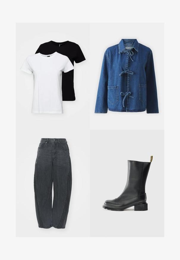 Tamsiai mėlyna džinsinė striukė su laisvu siluetu, turinti plačią apykaklę, užsegimą su raišteliais ir dvi priekinės kišenes.; Dvi trumpomis rankovėmis marškinėliai: vieni balti, kiti juodi. Pagaminti iš medvilnės, su klasikiniu apvaliu iškirpimu ir lygiu paviršiumi.; Palaidi juodi džinsai su išblukusiu paviršiumi, penkios kišenės, užsegimas liemeniui mygtuku ir siuvinėtos detalės priekyje bei šonuose.; Juodas odinis kulniukas su stačiu kulnu, lygiu paviršiumi, apvaliu pirštu ir kulno kilpa su geltonu ženklinimu.