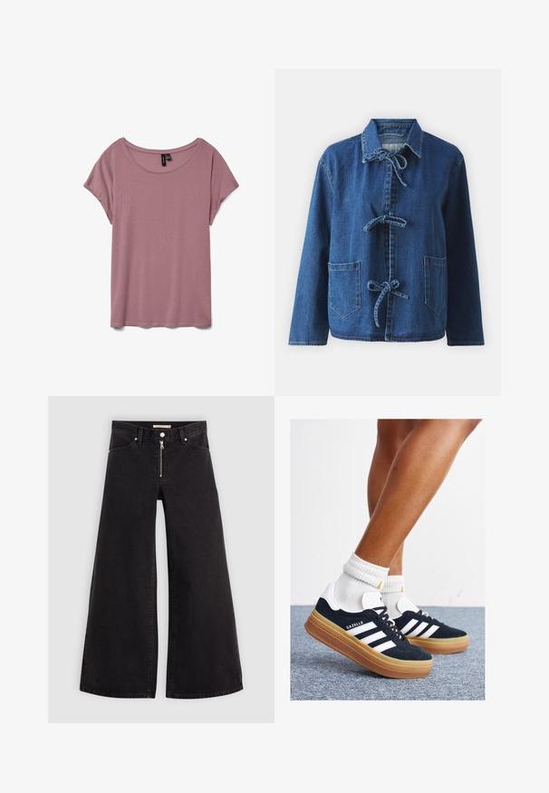 Casaco de ganga em azul escuro com um corte descontraído, apresentando um colarinho aberto, fechos de laço e dois bolsos frontais tipo remendo.; Camiseta de manga curta rosa claro, feita de tecido suave, com decote redondo e corte solto, sem padrões ou texturas visíveis.; Calças de ganga de perna larga em denim preto com fecho éclair à frente, design de cinco bolsos e detalhes de costura subtil. Textura suave e estilo casual.; Ténis de camurça preta com riscas e detalhes brancos, biqueira arredondada, sola em borracha cor de goma, combinados com meias brancas caneladas até à altura do tornozelo.