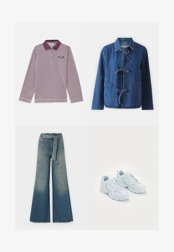 Jeansjakke i mørkeblå med en avslappet passform, som har skjortekrave, knytinger og to frontlommer.; Langermet stripete polo skjorte i burgunder og hvitt, featuring krage, tre-knapp placket og brodert logo på brystet.; Bredde ben jeans med en lyseblå til mørkeblå gradient, høyt liv, beltehemper og et matchende belte i samme stoff. Teksturert denimoverflate.; Lyseblå treningssko med overdel av mesh og syntetisk materiale, med hvite prikker og reflekterende detaljer, snøring og polstrede såler.