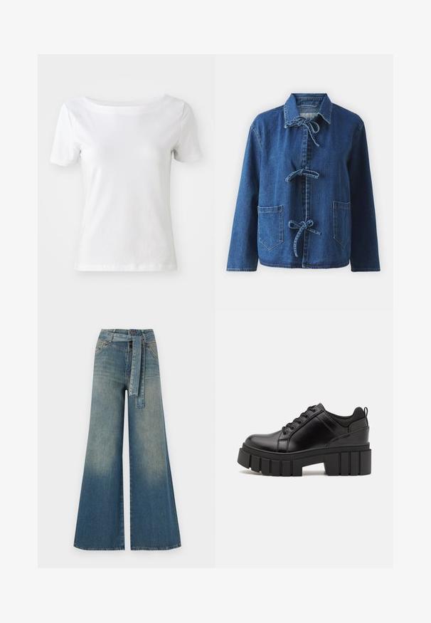 Jeansjakke i mørkeblå med en avslappet passform, som har skjortekrave, knytinger og to frontlommer.; Hvit kortermet t-skjorte laget av bomull med båtutringning og en jevn tekstur. Enkelt og ubehandlet design.; Bredde ben jeans med en lyseblå til mørkeblå gradient, høyt liv, beltehemper og et matchende belte i samme stoff. Teksturert denimoverflate.; Svarte lærplattformsko med kraftig blokkhell, rund tå og tradisjonell snøring. Har en jevn tekstur og minimal detaljering.