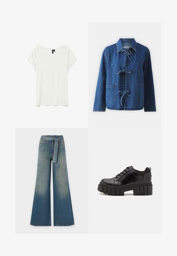 Jeansowa kurtka w ciemnoniebieskim kolorze o luźnym kroju, z kołnierzem rozpostartym, zapięciem na sznurki oraz dwiema przednimi kieszeniami naszytymi.; Biała koszulka z krótkim rękawem, z dekoltem w serek, wykonana z gładkiego, lekkiego materiału. Posiada luźny krój i brak widocznych wzorów lub akcentów.; Szerokie spodnie dżinsowe z gradientem od jasnoniebieskiego do ciemnoniebieskiego, wysokim stanem, szlufkami na pasek oraz pasującym paskiem z tkaniny. Teksturowany wykończenie dżinsu.; Czarne skórzane buty na platformie z masywnym słupkowym obcasem, okrągłym noskiem i klasycznym sznurowaniem. Posiadają gładką teksturę i minimalne wykończenia.