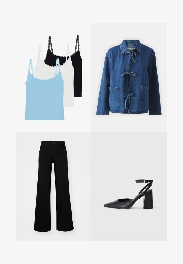 Jeansjakke i mørkeblå med en avslappet passform, som har skjortekrave, knytinger og to frontlommer.; Tre topper med blonder på stroppene: én lyseblå, én hvit og én svart. Laget av mykt materiale med en tettsittende fasong.; Svart vide bukser laget av denim, med en strukturert midjebånd, beltestropper og frontlommer. Glatt tekstur med et klassisk design.; Svart lær pumps med spiss tå, ankelrem og kraftig hæl. Flat tekstur, strømlinjeformet design og minimalisme.