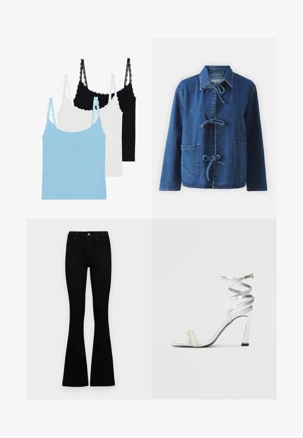 Tamsiai mėlyna džinsinė striukė su laisvu siluetu, turinti plačią apykaklę, užsegimą su raišteliais ir dvi priekinės kišenes.; Trys nuogyčių su nėriniuota juostele: viena šviesiai mėlyna, viena balta ir viena juoda. Pagamintos iš minkštos medžiagos, su prigludusia forma.; Juodos aukšto liemens džinsai su mygtuku ir užtrauktuku, priekinėmis kišenėmis ir platėjančiomis kojomis, išdėstyti ant baltos fono.; Sidabrinė aukšto kulno sandalai su blizgiu diržo dizainu, featuring perlo panašus akcentas ir spiralinė kulkšnies dirželis saugiam prisitaikymui.