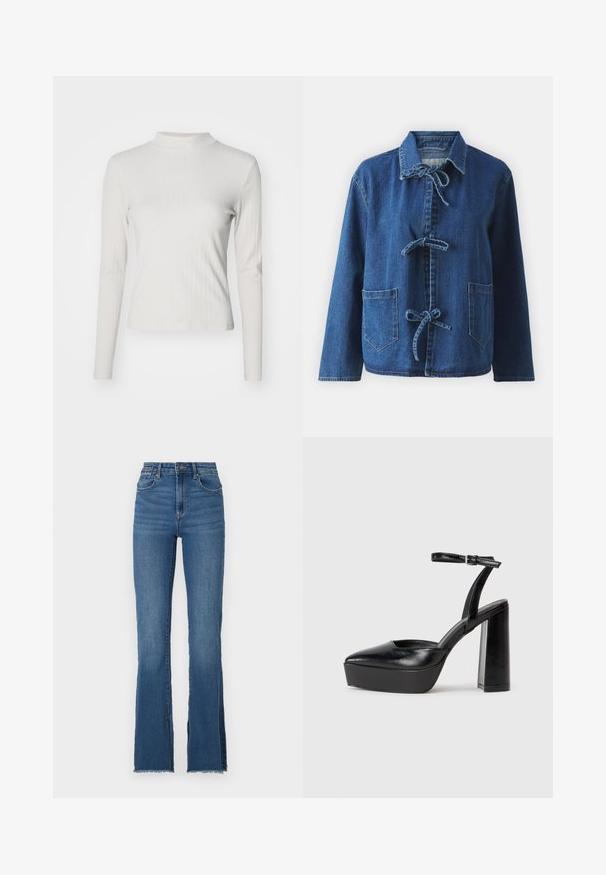 Sötétkék, laza fitneszű farmerdzseki, elterülő gallérral, megkötős záródással és két elöl elhelyezett zsebből áll.; Hosszú ujjú, világosszürke bordázott felső magas nyakkal. Testhez simuló fazon és puha textúra jellemzi. Nincs látható minta vagy fémalkatrész.; Fellengő kék farmernadrág magas derékkal, meglazult szegéllyel és öt zsebes dizájnal. Simaság jellemzi, enyhe kopással.; Fekete platform magassarkú cipők hegyes orral és állítható bokapánttal. Sima bőrből készült, vastag talppal.